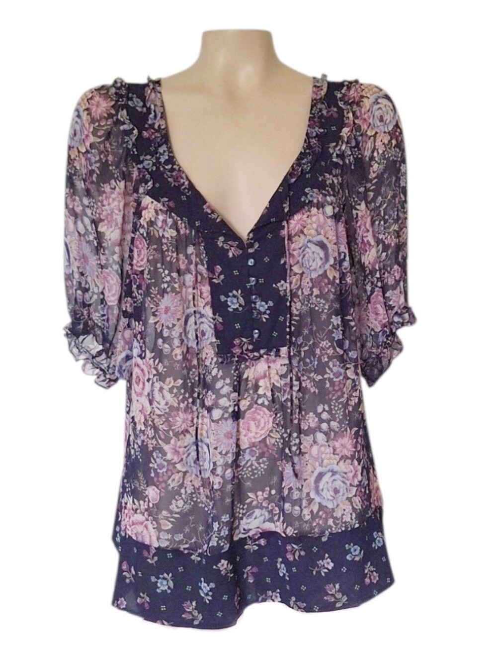 LOFT Ann Taylor Sheer Floral Peasant Blouse Navy Pink Boho Cottagecore XL